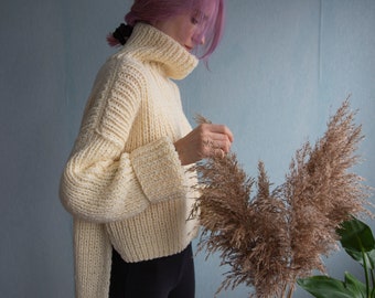 Hand Knit Sweater with Extra Long Sleeves. Asymmetrical Chunky Sweater. Turtleneck Sweater. Cropped Ribbed Sweater