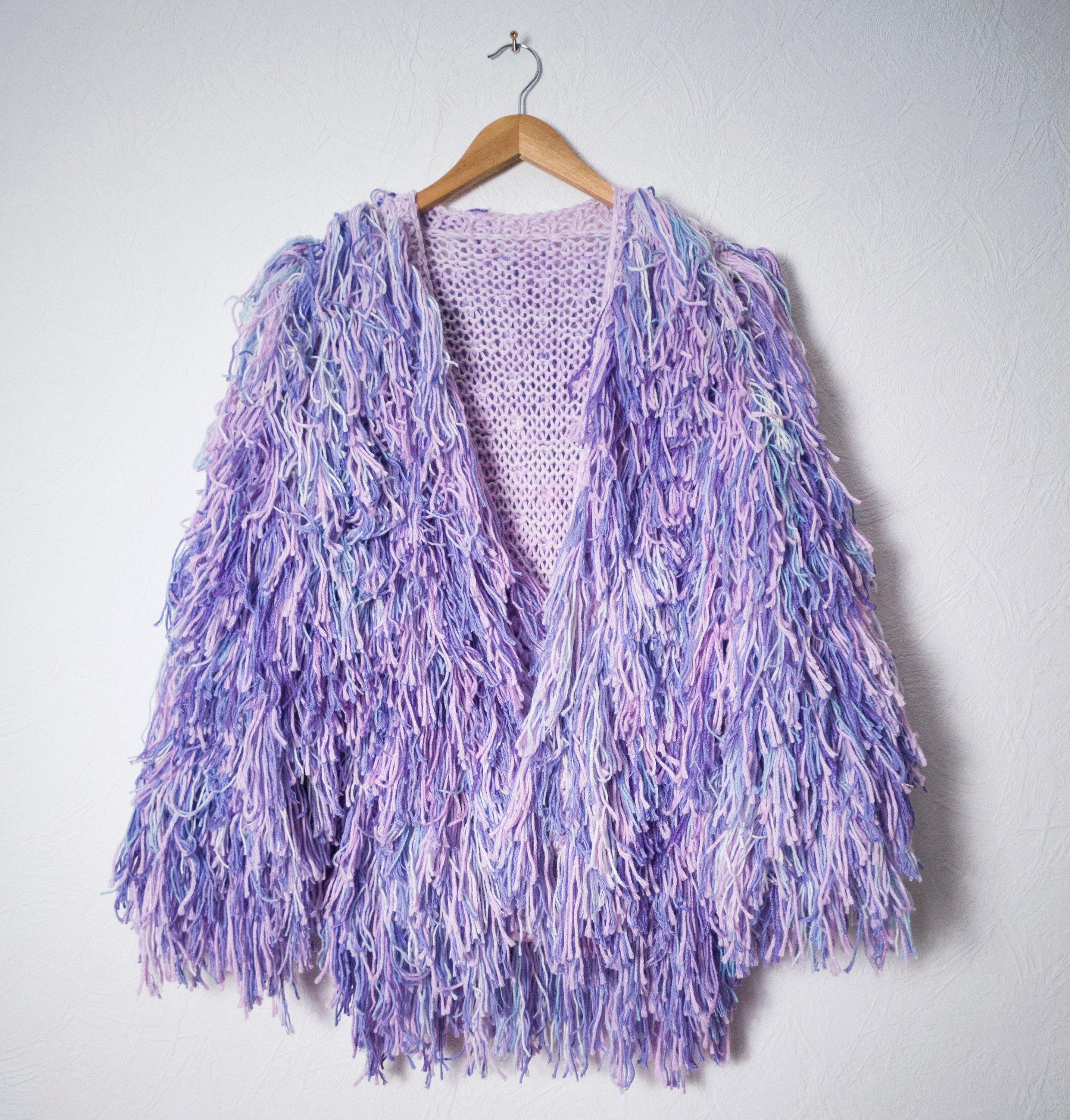 Hand Knit Shaggy Jacket in Lilac/ Blue. Furry Cardigan Hand Knit Shaggy Jacket in Lilac/ Blue. Furry Cardigan