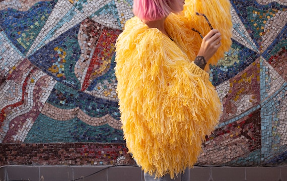 Stunning Shaggy Jacket in Yellow Melange. Vegan Friendly Handknit