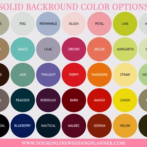 May include: A chart of 36 different solid background color options for a wedding website. The colors are arranged in a grid of six columns and six rows. Each color is represented by a circle with the color name written below it.