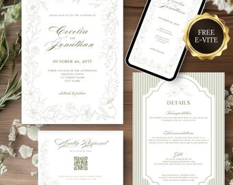 Woodlands Wedding Invitation QR RSVP Details Card, Floral Wildflowers Invite Suite, Garden Party Editable Template, Instant Download