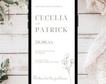 May include: A smartphone displays a wedding invitation with the names CECELIA and PATRICK, date 28.08.XX, and venue details. The design features elegant typography and floral illustrations in a soft, neutral color palette, perfect for wedding stationery.