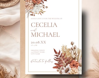 Autumn Wildflower Wedding Invitation Template, Floral Fall Wedding Invitation, Printable Editable Rust Orange Terracotta Wedding invitation
