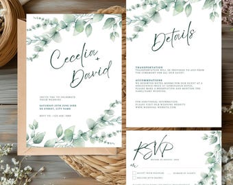 Green Floral Wedding Invitation Suite: Editable Template (Digital Download)