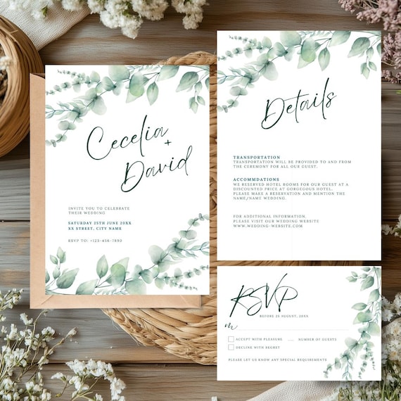 Green Floral Wedding Invitation Suite: Editable Template (digital