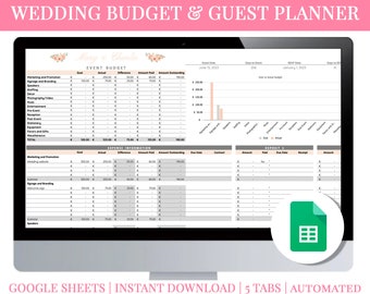 Wedding Budget Planner, Wedding Budget Tracker Template, Guest List Tracker, Excel, Wedding Spreadsheet, Organizer, Editable, Peach