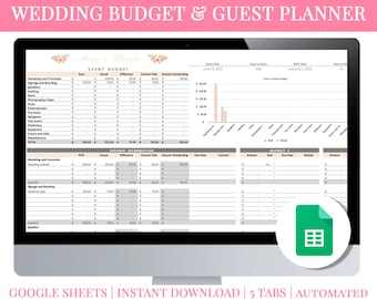 Wedding Budget Planner Google Sheets, Wedding Budget Tracker Template, Guest List Tracker, Wedding Spreadsheet, Organizer, Editable, Peach