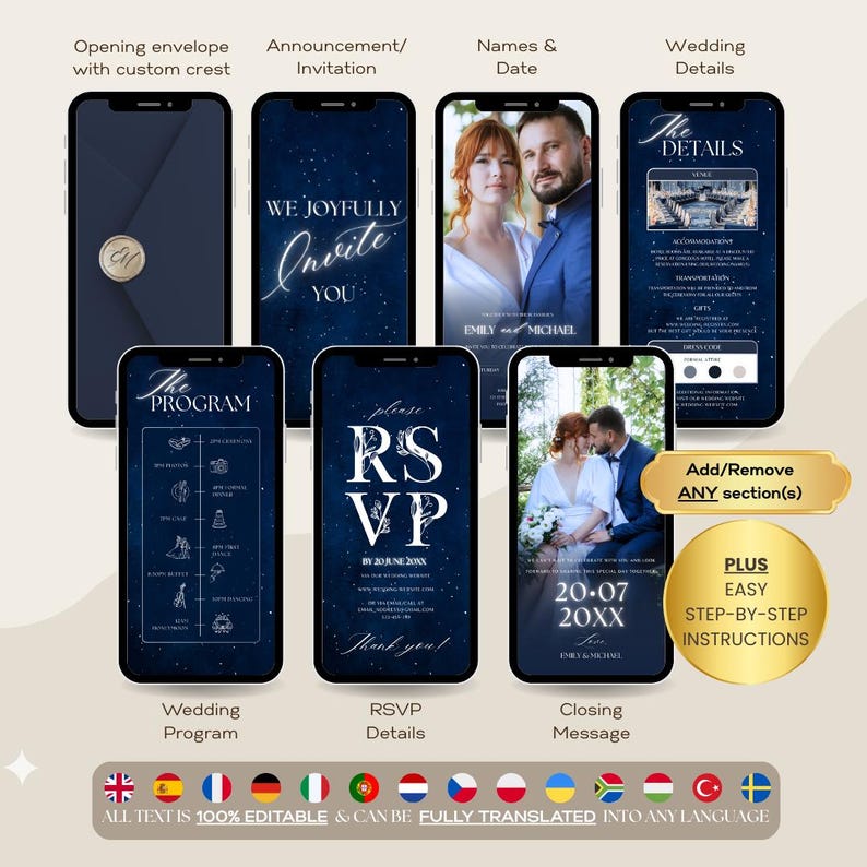 May include: A digital wedding invitation suite displayed on smartphones. The design features a navy blue starry background with white text. The suite includes an invitation, RSVP details, wedding program, and closing message. The text is fully editable.