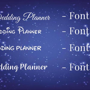 May include: Four different font styles of the text "Wedding Planner" displayed on a blue background with white sparkles.