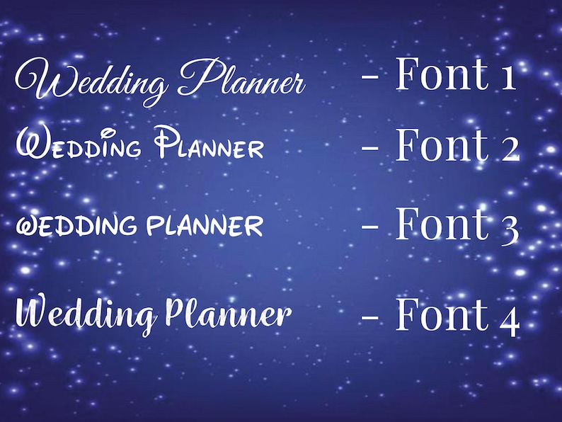 May include: Four different font styles of the text "Wedding Planner" displayed on a blue background with white sparkles.