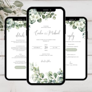 Op de afbeelding: Drie smartphones met details van een huwelijksuitnodiging. De centrale telefoon toont de namen "Cecilia & Michael", datum en tijd. Het ontwerp bevat bloemen- en groene elementen, met tekst op de andere telefoons voor details en RSVP.