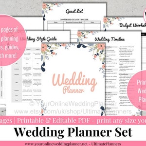 Wedding planner book printable, editable planner kit, custom, Printable planner, Printable wedding planner, checklist, floral, pink