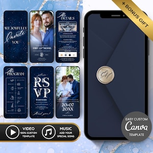 Puede incluir: Una plantilla digital de invitación de boda azul marino que se muestra en un teléfono inteligente. El diseño incluye fotos, detalles del evento e información de confirmación de asistencia. La plantilla ofrece opciones de personalización de video y música.