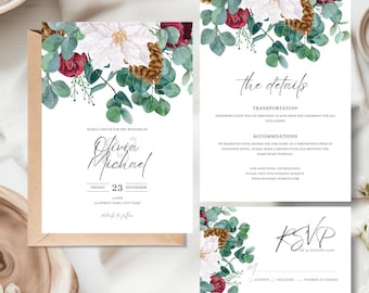 Invitaciones de boda navideñas Evergreen: Plantilla editable (descarga digital)