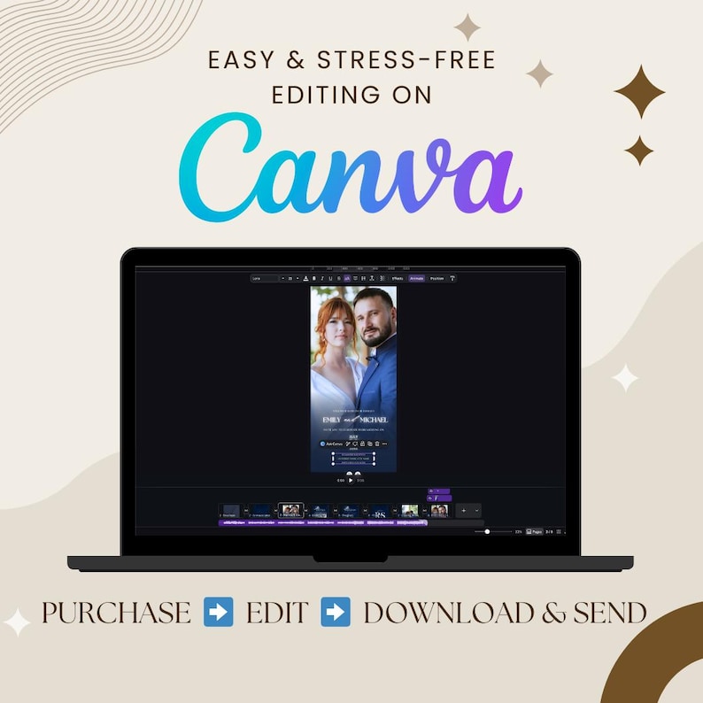 May include: A laptop displays a Canva editing interface with a wedding photo. Text reads "EASY & STRESS-FREE EDITING ON Canva." Below, the steps are outlined: "PURCHASE -> EDIT -> DOWNLOAD & SEND."