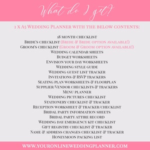 May include: A pink and white checklist for wedding planning. The checklist includes 18 months of tasks, budget worksheets, seating plans, and more. The text "What do I get?" is at the top of the checklist. The text "WWW.YOURONLINEWEDDINGPLANNER.COM" is at the bottom of the checklist.
