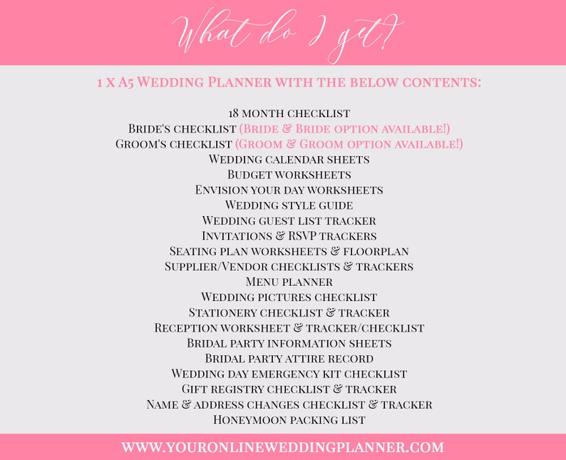May include: A pink and white checklist for wedding planning. The checklist includes 18 months of tasks, budget worksheets, seating plans, and more. The text "What do I get?" is at the top of the checklist. The text "WWW.YOURONLINEWEDDINGPLANNER.COM" is at the bottom of the checklist.