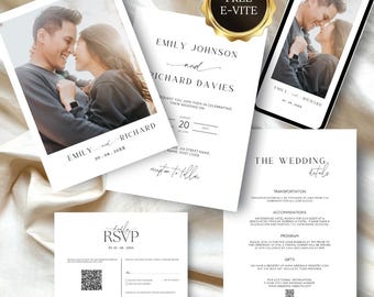 Minimalist Wedding Invite with Photo, Minimalist Wedding Invitation Template Set with QR RSVP Card, Details Card, Instant Download