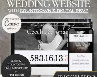 Elegant Neutral Black & White  Wedding Website Template with RSVP, Editable Canva Invitation, Digital Download, Countdown, Interactive Map