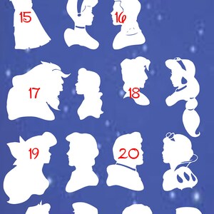 May include: A chart with 27 white silhouette images of Disney couples and characters on a blue background with white stars. The images are numbered 1 through 27. The text "Icon Options" is at the top of the chart.