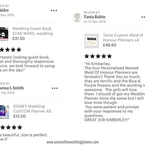 May include: Two customer reviews for wedding planning services. The first review is for a Star Wars themed wedding guest book, priced at $31.50. The second review is for a set of four personalized Maid of Honor planners, priced at $48.60.