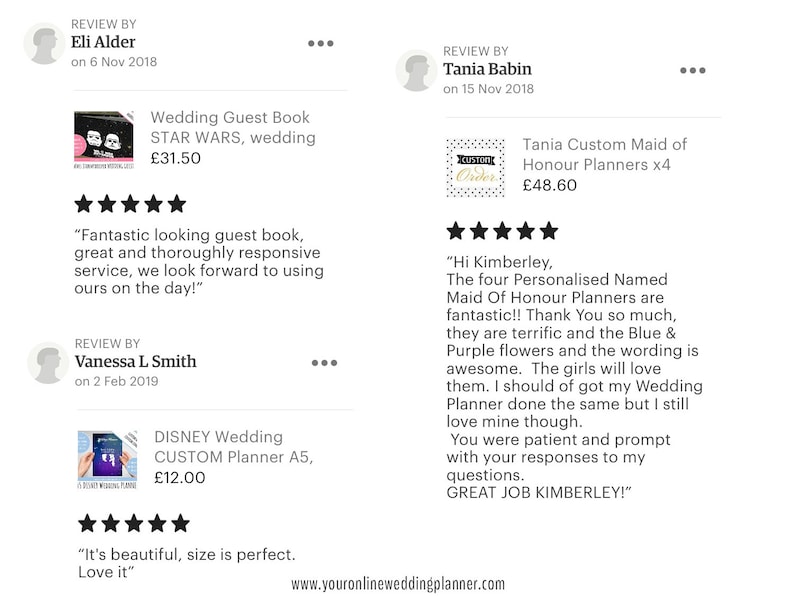 May include: Two customer reviews for wedding planning services. The first review is for a Star Wars themed wedding guest book, priced at $31.50. The second review is for a set of four personalized Maid of Honor planners, priced at $48.60.