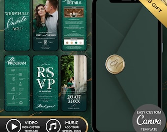 Emerald Green Wedding Animated Invite, Animated Wedding Video Invite, RSVP Details Card, Emerald Green Invitation, Instant Download