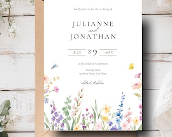 Spring Wildflower Wedding Invitation, Floral Wedding Invite, Field Flowers, Editable Printable Template,Instant Download, Watercolor Florals