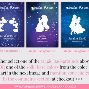 May include: Three different wedding planner covers with a starry night background. The first cover features Mickey Mouse and Minnie Mouse, the second cover features Belle and the Beast, and the third cover features Cinderella and Prince Charming. Each cover has the text "Wedding Planner" at the top and the names of the couple and their wedding date at the bottom.