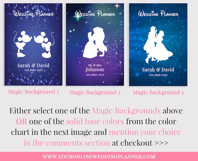 May include: Three different wedding planner covers with a starry night background. The first cover features Mickey Mouse and Minnie Mouse, the second cover features Belle and the Beast, and the third cover features Cinderella and Prince Charming. Each cover has the text "Wedding Planner" at the top and the names of the couple and their wedding date at the bottom.