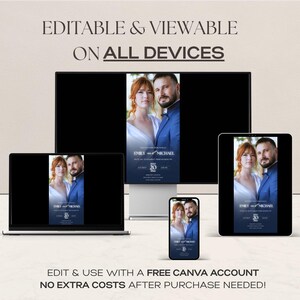 May include: A wedding invitation design displayed on a computer monitor, laptop, tablet, and smartphone. The invitation features a photo of a couple and the text "EMILY & MICHAEL" and "20". The text "EDITABLE & VIEWABLE ON ALL DEVICES" is also visible.