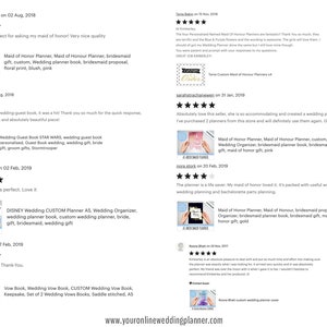 May include: A collection of customer reviews for wedding planners and guest books. The reviews are positive and highlight the quality of the products. The products are available in a variety of colors and designs, including blush pink, gold, and a Star Wars theme.