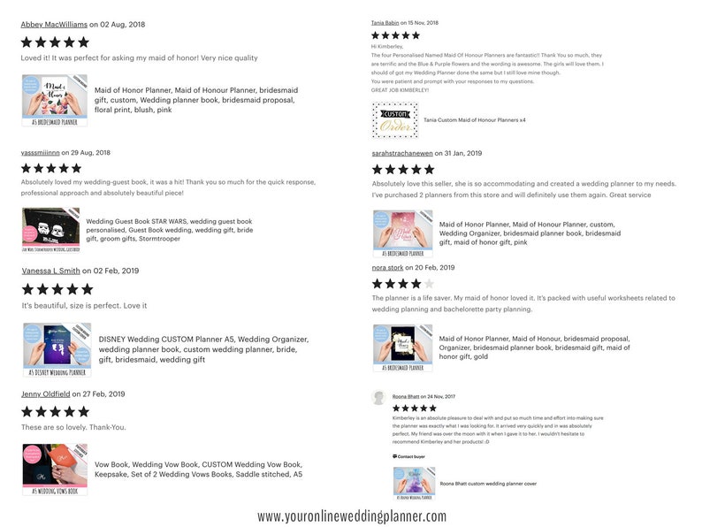 May include: A collection of customer reviews for wedding planners and guest books. The reviews are positive and highlight the quality of the products. The products are available in a variety of colors and designs, including blush pink, gold, and a Star Wars theme.
