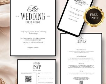 Old Money Wedding Invitation Suite, Classic Minimalist Wedding Invitation Template Set with QR RSVP Card, Details Card, Instant Download