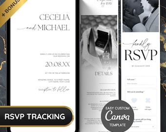 Invitación digital minimalista para confirmación de asistencia a bodas, invitación de boda moderna y elegante, sitio web de confirmación de asistencia para bodas en blanco y negro, descarga instantánea