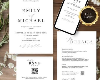 Minimalist Wedding Invitation Template Set, QR Code RSVP Card, Modern Elegant Suite (Digital Download)