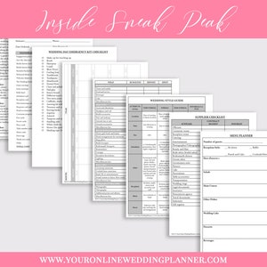 May include: A black and white printable wedding planning checklist with sections for wedding day emergency kit, wedding style guide, supplier checklist, and menu planner. The checklist includes sections for budgeting, timelines, and vendor information.