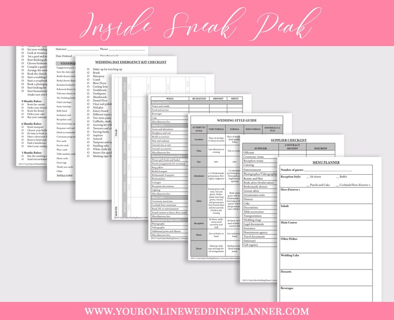 May include: A black and white printable wedding planning checklist with sections for wedding day emergency kit, wedding style guide, supplier checklist, and menu planner. The checklist includes sections for budgeting, timelines, and vendor information.