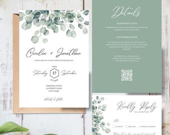 Rustic Greenery Wedding Invitation Bundle, Minimalist Greenery Wedding Invitation Suite, Editable RSVP, Details, Printable Wedding Invite