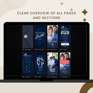 May include: A laptop screen displays a wedding invitation suite. The design features navy blue backgrounds with white text and gold accents. The text reads "CLEAR OVERVIEW OF ALL PAGES AND SECTIONS" and includes invitation details.