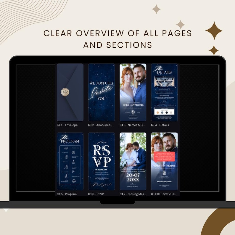 May include: A laptop screen displays a wedding invitation suite. The design features navy blue backgrounds with white text and gold accents. The text reads "CLEAR OVERVIEW OF ALL PAGES AND SECTIONS" and includes invitation details.
