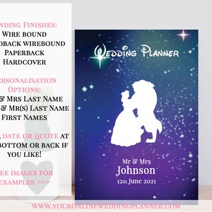 May include: A wedding planner cover with a silhouette of Beauty and the Beast dancing against a purple and blue starry sky. The text "Wedding Planner" is at the top of the cover. The text "Mr & Mrs Johnson" and "12th June 2021" is at the bottom of the cover.