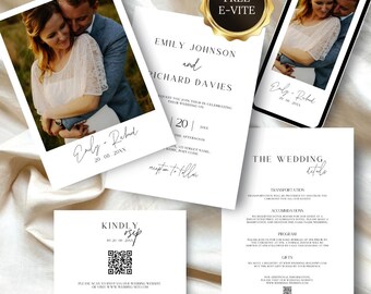Modern Wedding Photo Invite, Minimalist Wedding Invitation Template Set with QR RSVP Card, Details Card, Digital Invite, Instant Download