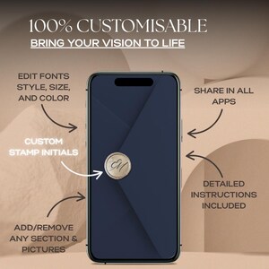 May include: A smartphone displays a navy blue design with a gold seal featuring the initials "EM." Text highlights features: edit fonts, style, size, and color; custom stamp initials; add/remove sections & pictures; share in all apps; and detailed instructions.