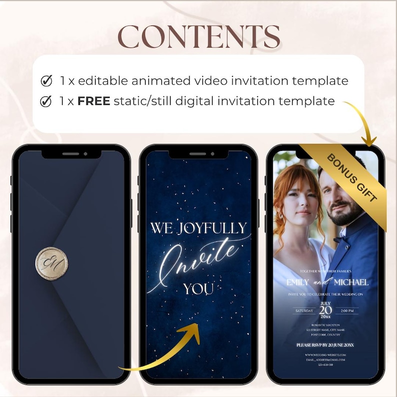 May include: Three smartphones displaying digital wedding invitation templates. The first shows an envelope with a monogram seal. The second has a starry night background with the words "We Joyfully Invite You". The third features a couple's photo and wedding details.