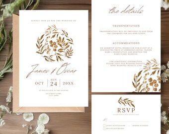 Elegant Fall Wedding Invitation Suite, Minimalist Autumn Wedding Invitation Suite, Editable Invitation Template, Printable Wedding Invite