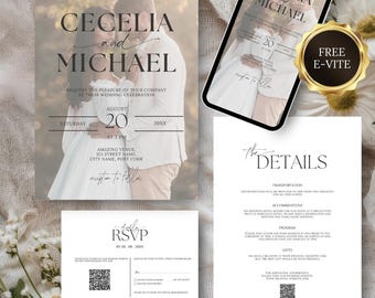 Modern Wedding Invitation Template Set, QR RSVP, Photo Invite (Digital Download)