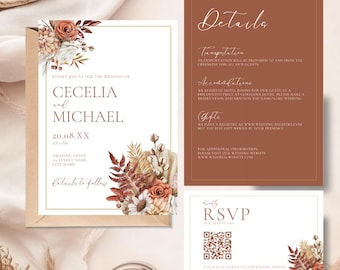 Autumn Wildflower Wedding Invitation Template Bundle, Fall Wedding Invitation Suite, RSVP, Details, Rust Orange Terracotta, Instant Download