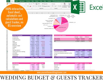 Wedding Budget Planner, Wedding Budget Tracker Template, Excel, Spreadsheet, Guest List Tracker, Organizer, Editable, Printable, Interactive