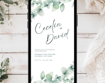 Digital Green Floral Wedding Invitation, Greenery Wedding Evite, Editable Template, Wedding Electronic Invite, Smartphone Invitation